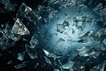 Pieces of broken glass on a dark blue background, 3d rendering illustration