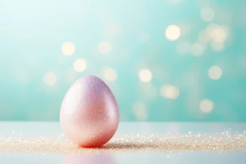 Foto op Plexiglas A mother-of-pearl pink Easter egg on a blue boken background with a space for copying. happy Easter © IULIIA