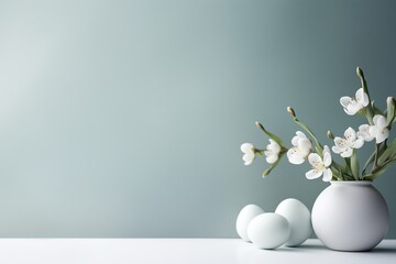 White eggs and spring flowers in a vase on a gray background. Happy Easter. place for the text - obrazy, fototapety, plakaty