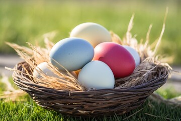 Colorful easter eggs in a basket on green grass background.