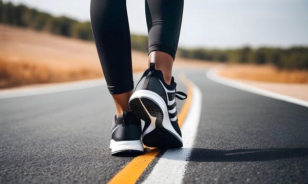 Athlete runner feet running on road closeup on shoe. sunrise workout wellness concept.