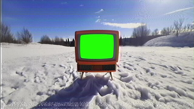 Vintage television with glowing green screen, positioned on a snowy field under a bright blue sky, casting a shadow on the textured snow.