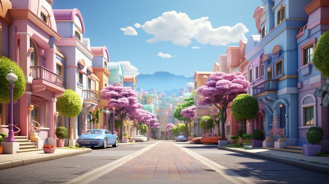 Colorful cartoon city street with pink trees