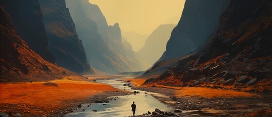 Man walking through a canyon - obrazy, fototapety, plakaty