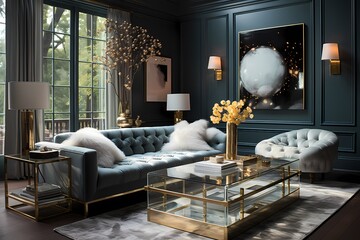 A luxurious living room with an elegant and sophisticated design, featuring plush velvet sofas and crystal chandeliers.
