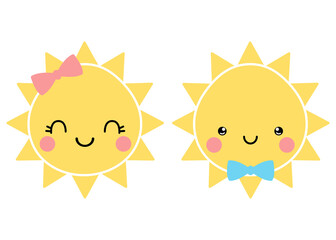 cute sun character boy and girl children illustration mascot vector isolated on white background