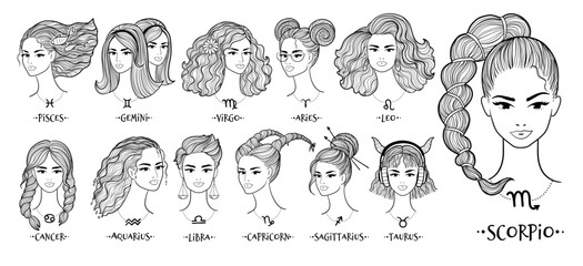 Vector illustrations set of zodiac signs line art female face portraits