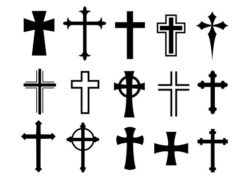 Catholic Symbols, Cross Christian icons. Vector line black christian cross set on white background