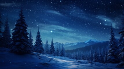 Fototapeta na wymiar A Night Scene With Snow Covered Trees and Stars in the Sky