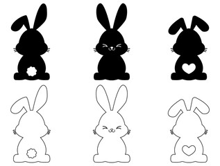 Silhouettes of bunnies isolated on a white background. Set of different rabbits hand drawn style