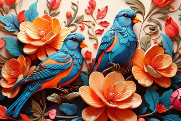 Colorful paper quilling art. Intricate birds and flowers design. Captivating and vibrant craft for creative projects and visuals.