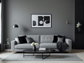 Gray interior dining sofa and poster beautiful house attic living room living room interiortable and mirrors. abstract sketch. console and prop. empty wall mockup scandinavian apartment 3d render.