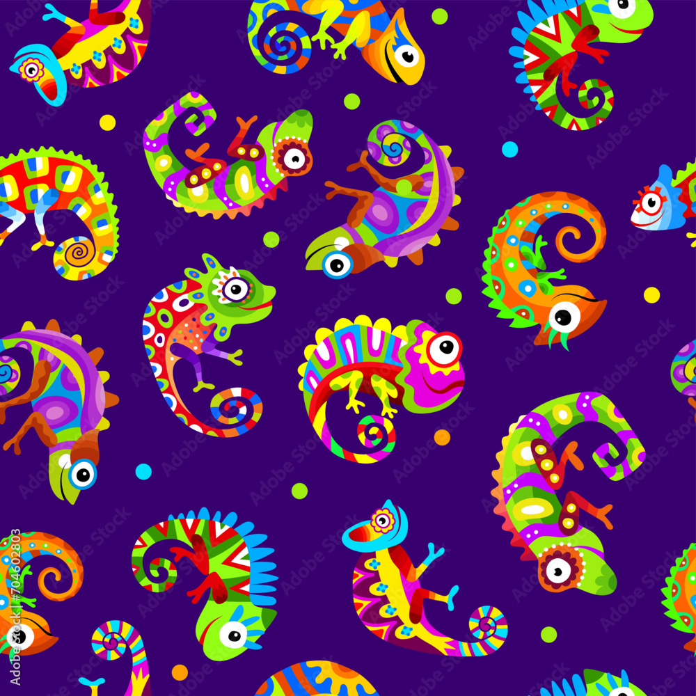 Poster chameleons pattern. colored lizards seamless background