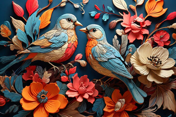 Colorful paper quilling art. Intricate birds and flowers design. Captivating and vibrant craft for creative projects and visuals.