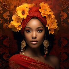 Black woman in African turban and flowers over head art photo - obrazy, fototapety, plakaty