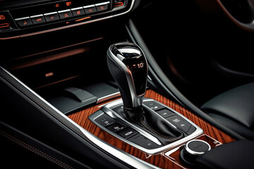 Selector automatic transmission with leather in the interior of a modern expensive car