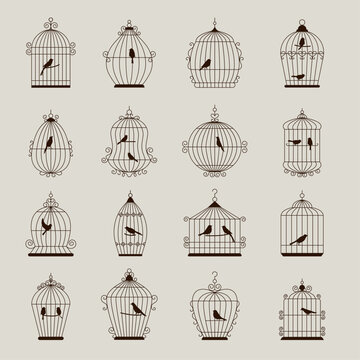 Bird cage. Decorative metal houses for domestic birds recent vector cage silhouettes