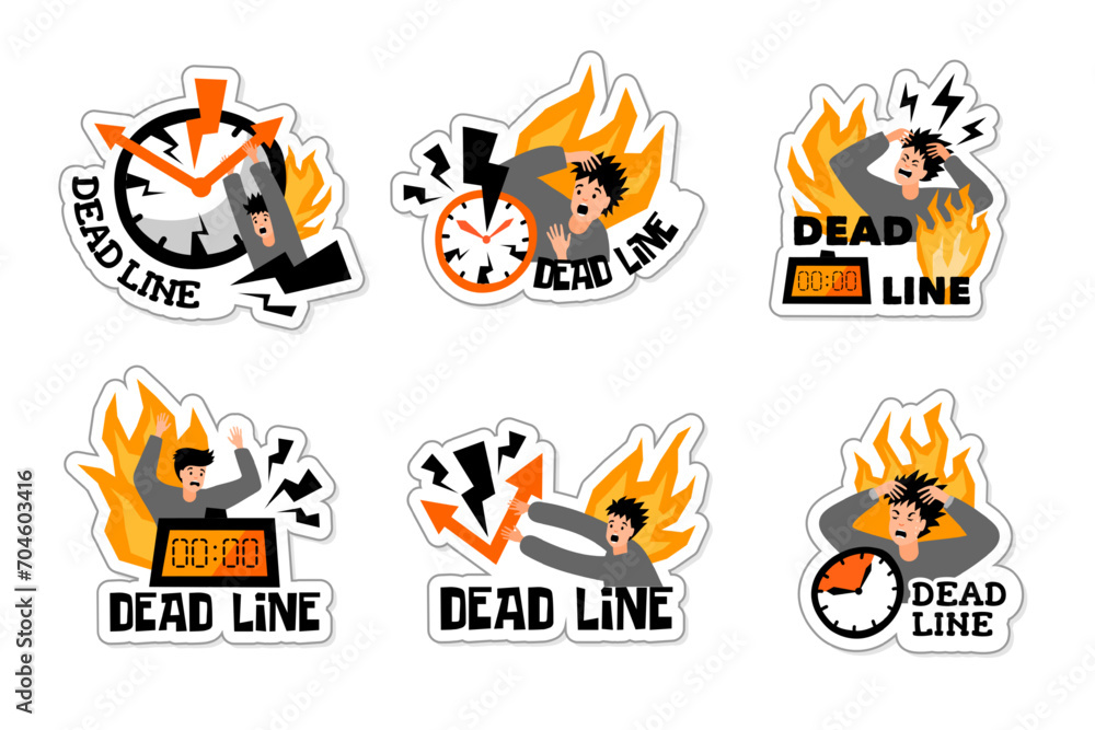 Poster deadline logo. fire and clocks busy time badges collection recent vector picture set with place for 