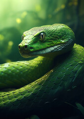 Fototapeta premium a beautiful colored snake crawls against the background of the forest, grass, nature, serpentine, reptiles, scales, eyes, head, plants, soil, python, skin, symbol of 2025