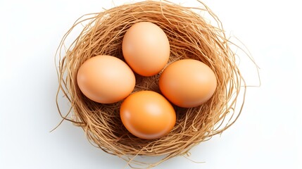 Top View of light orange Eggs in a Nest on a white Background. Easter Template with Copy Space