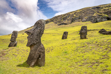 moais in the quarry of Rano Raraku, in Rapa Nui, Easter Island