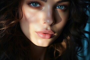 Portrait of a beautiful young woman with blue eyes and dark hair - obrazy, fototapety, plakaty