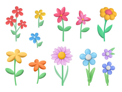 Clay flowers. Grass and plasticine flowers collection decent vector botanical illustrations
