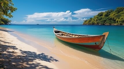 Naklejka na ściany i meble Wooden boat on a tropical beach with white sand and crystal clear water