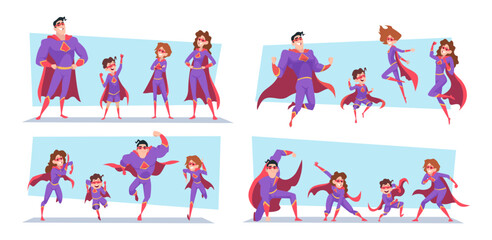 Heroes family. Parents and kids superheroes exact vector cartoon illustrations © ONYXprj