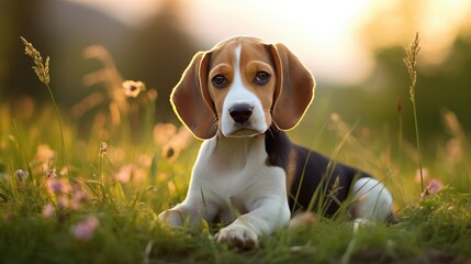 innocence as a beagle puppy with a noble posture lies quietly in the grass—a heartwarming image radiating tranquility, adorable charm, and the peaceful beauty of a young dog in nature