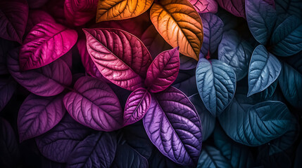Colorful outdoor leaves spread out in large groups on black background, neon and fluorescent style....
