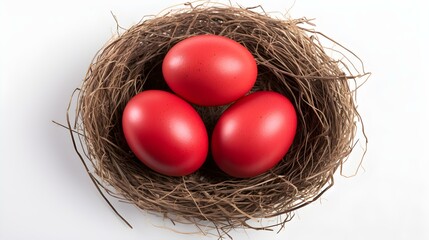 Obraz premium Top View of light red Eggs in a Nest on a white Background. Easter Template with Copy Space