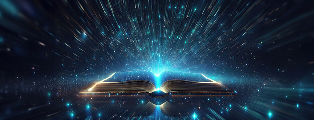 Cosmic Knowledge Radiating Energy. The opened book's pages glow, radiating light and star patterns into the dark space, suggesting a universe of information contained within. Panorama with copy space - obrazy, fototapety, plakaty