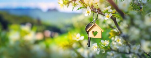 A key ring with a house shape hangs on a blooming branch, embodying home dreams. Keychain suggests new beginnings amidst spring blossoms. Real estate, moving home or renting property concept. - obrazy, fototapety, plakaty