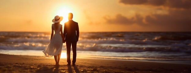 On Valentine's Day a couple silhouette against the Maldives sunset paints a scene of love, with the calm waves and sandy shore adding to the idyllic romantic setting. - obrazy, fototapety, plakaty
