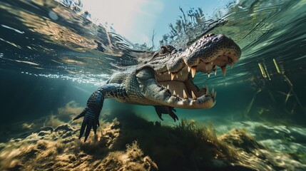 A large alligator gracefully swims in the water, showcasing the beauty of wildlife on National Wildlife Day 2024. - obrazy, fototapety, plakaty