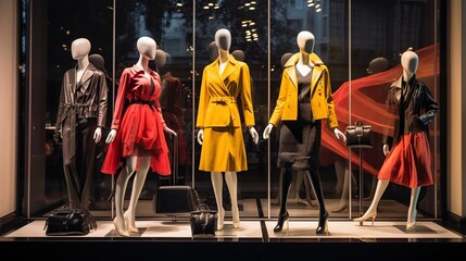 Mannequins in glass display cases display the latest fashion trends