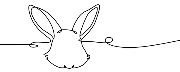 One continuous line drawing of Easter rabbit. Greeting banner design with bunny and ears in simple linear style. 