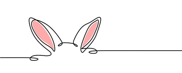 One continuous line drawing of Easter rabbit. Greeting banner design with bunny and ears in simple linear style. Minimalist, no background design. 