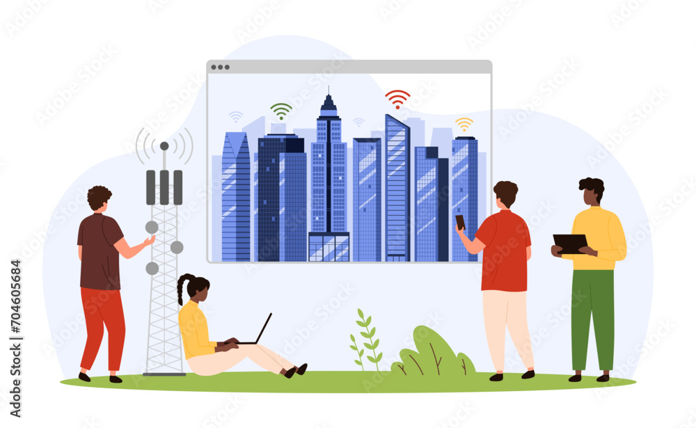 Poster 5g and iot, data technology in smart city. tiny people use internet network communication with high 