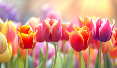 Abstract spring background of tulips with boldly colored flowers. Copy space