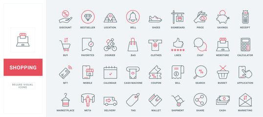 Online shopping line icons set. One click purchase in website shop, coupon and discount on store sale, delivery of orders with courier thin black and red outline symbols, payment vector illustration