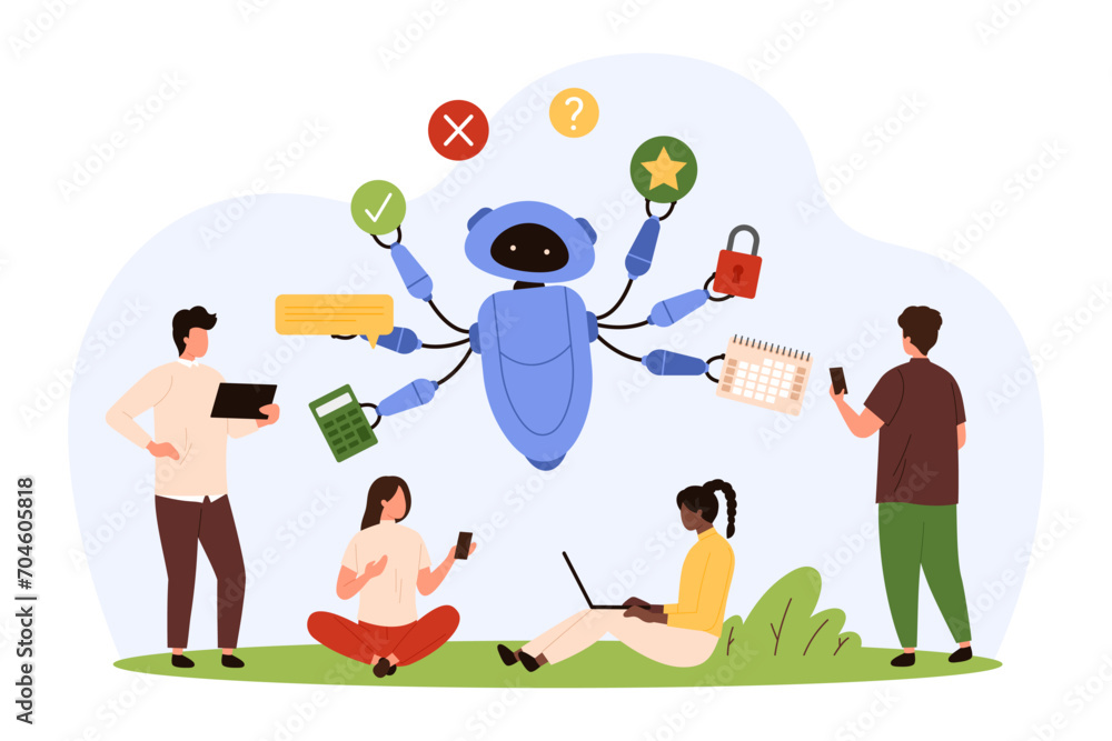 Poster ai artificial intelligence to work on business achievement with productivity, multitasking. tiny peo
