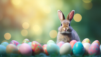 Fototapeta na wymiar Rabbit on a field of green grass with flowers with colorful Easter eggs and bokeh.