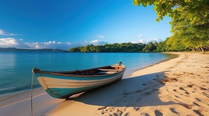 Fototapeta na wymiar Wooden boat on a tropical beach with white sand and crystal clear water