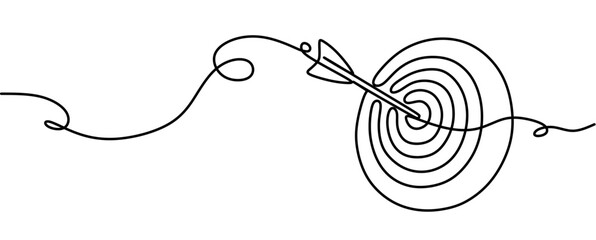 Continuous one line drawing of arrow in center of target. Strategic marketing or business concept.