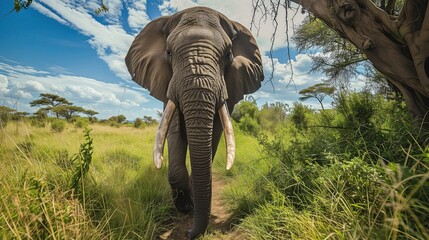 Majestic Elephant Walking Through Grassy Field Next to Tree
