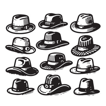 set of headdresses. hats. black and white illustrations of hats