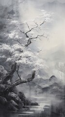 A black and white painting of a tree and mountains