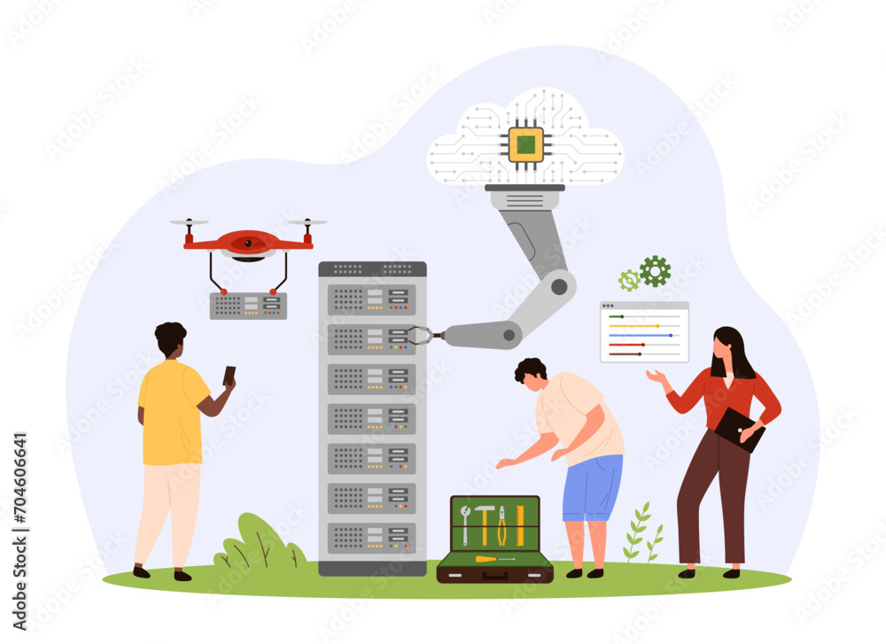 Aufkleber cloud infrastructure for digital data storage and backup. tiny people, cloud computer and smart dron